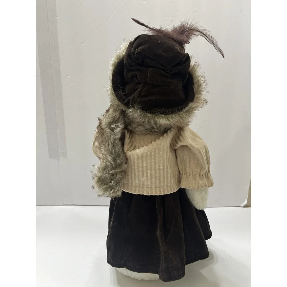 Christmas Decorative Snowwoman Plush Faux Fur Hat & Coat Brown Tan Feathers 16
